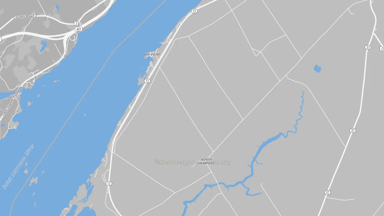 Walk Grade map of Oak Point, NY, walkable areas in green and car-dependent areas in red