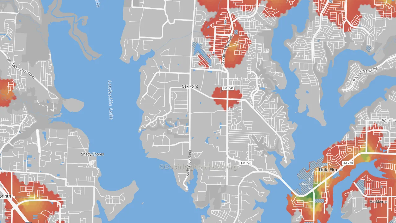 Walk Grade map of Oak Point, TX, walkable areas in green and car-dependent areas in red