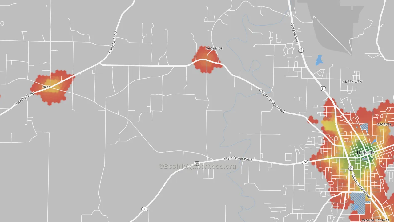 Walk Grade map of Oak Ridge, AL, walkable areas in green and car-dependent areas in red