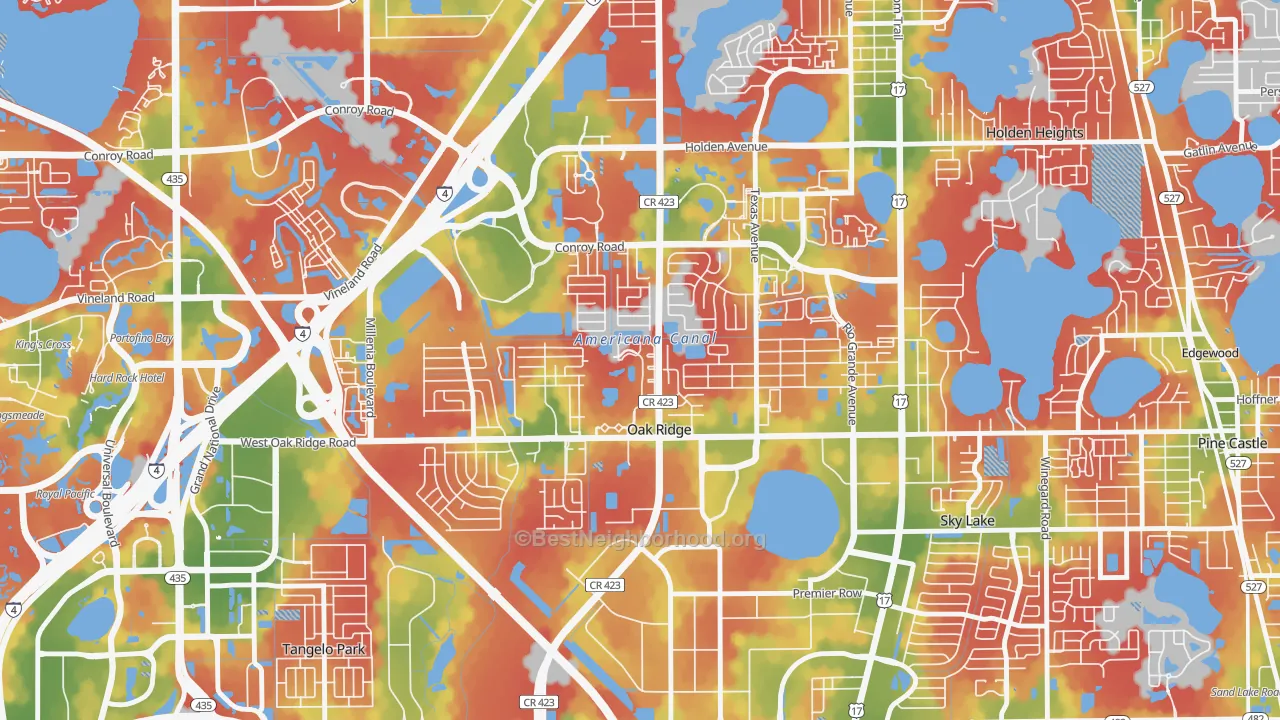 Walk Grade map of Oak Ridge, FL, walkable areas in green and car-dependent areas in red