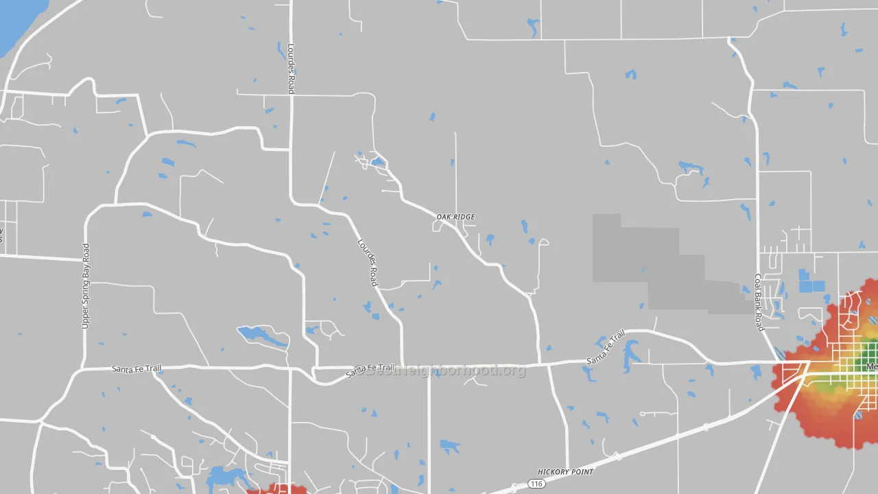 Walk Grade map of Oak Ridge, IL, walkable areas in green and car-dependent areas in red