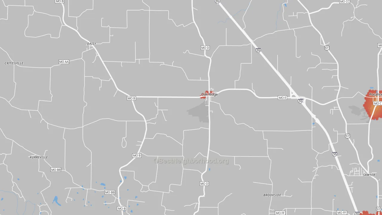 Walk Grade map of Oak Ridge, MO, walkable areas in green and car-dependent areas in red
