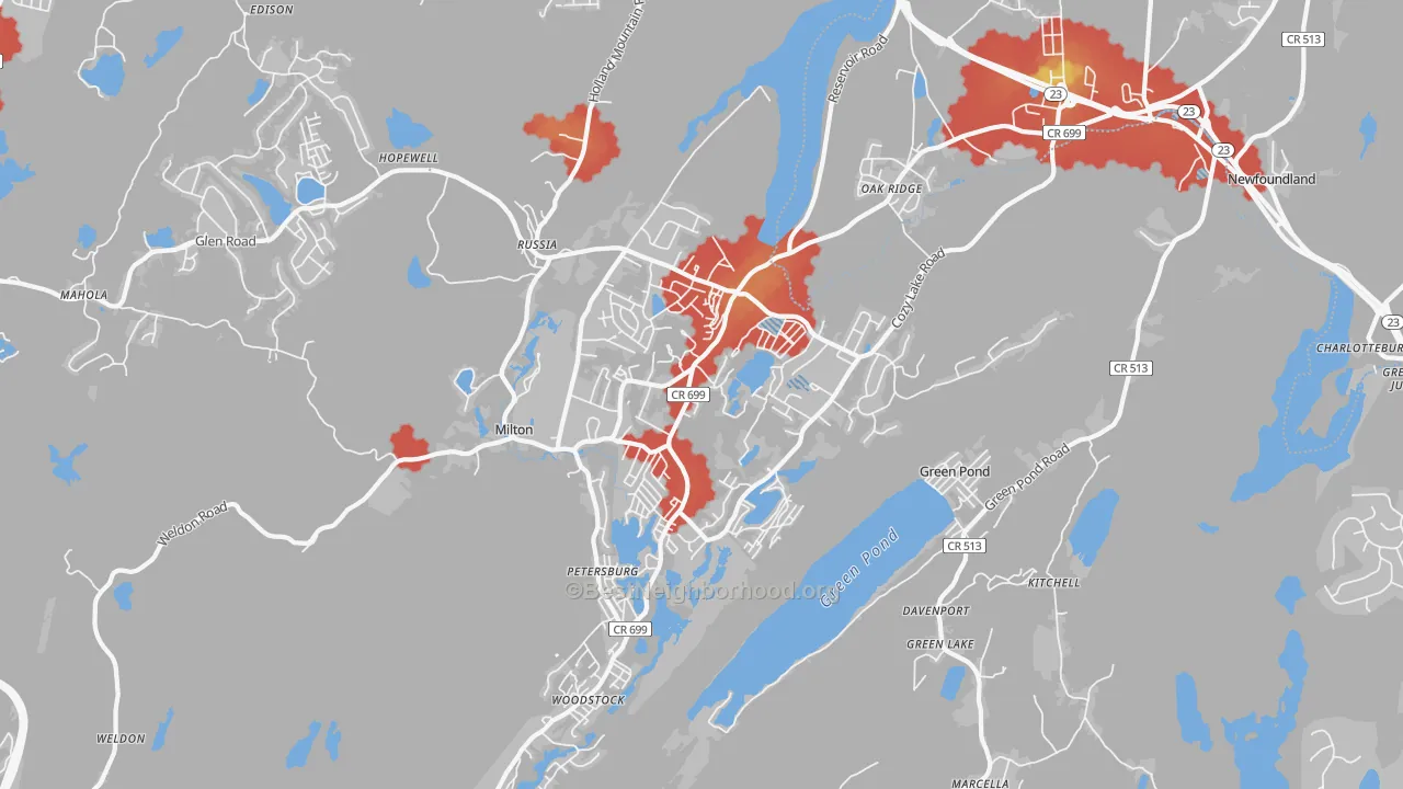 Walk Grade map of Oak Ridge, NJ, walkable areas in green and car-dependent areas in red