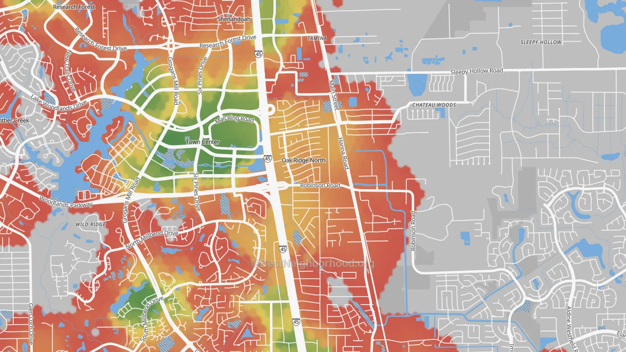 Walk Grade map of Oak Ridge North, TX, walkable areas in green and car-dependent areas in red
