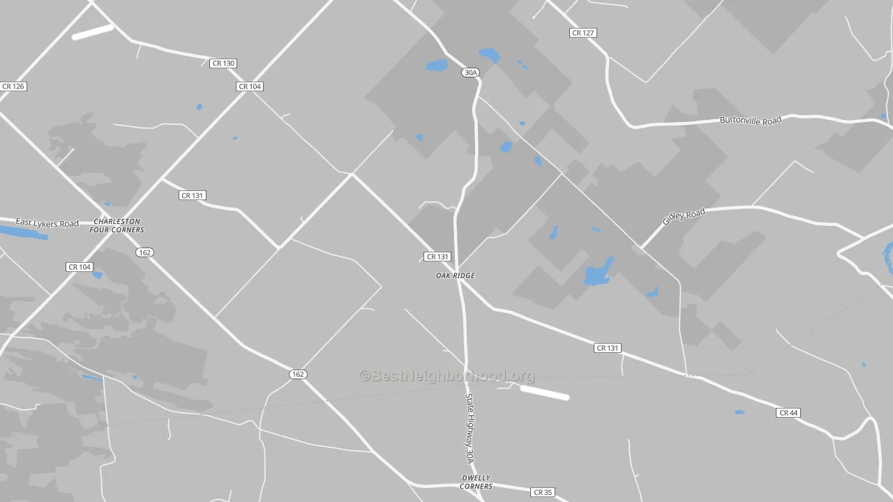 Walk Grade map of Oak Ridge, NY, walkable areas in green and car-dependent areas in red