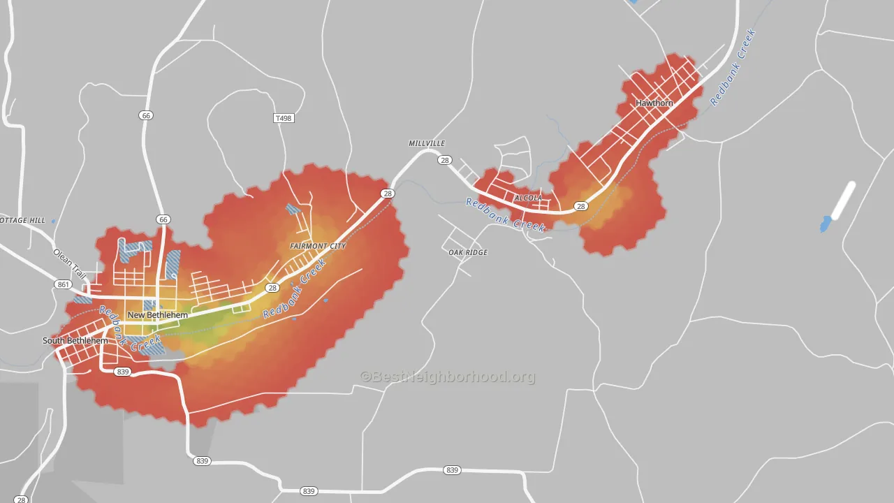 Walk Grade map of Oak Ridge, PA, walkable areas in green and car-dependent areas in red