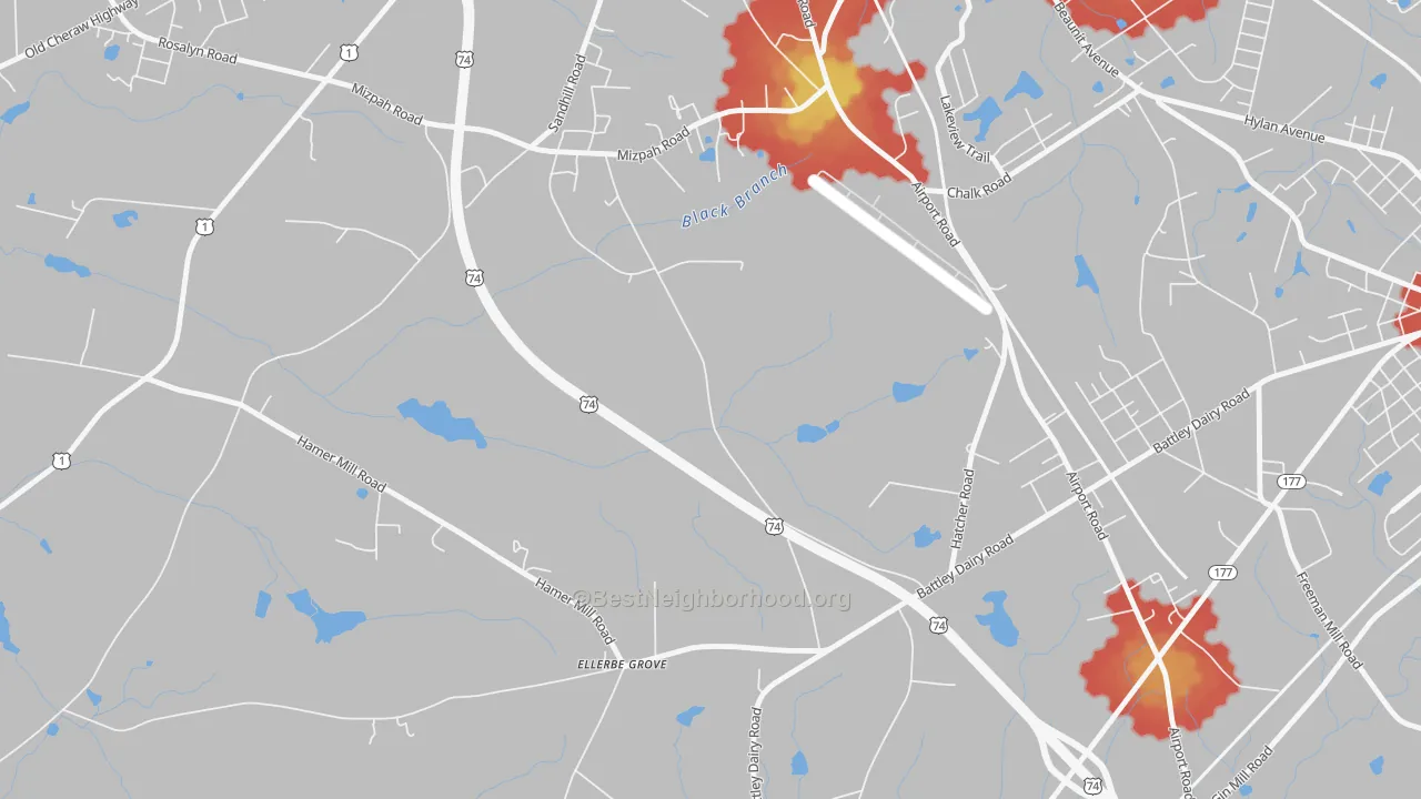 Walk Grade map of Oak Ridge Park, NC, walkable areas in green and car-dependent areas in red
