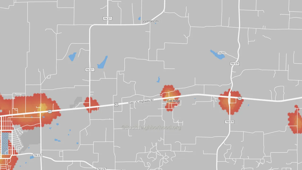 Walk Grade map of Oak Ridge, TX, walkable areas in green and car-dependent areas in red
