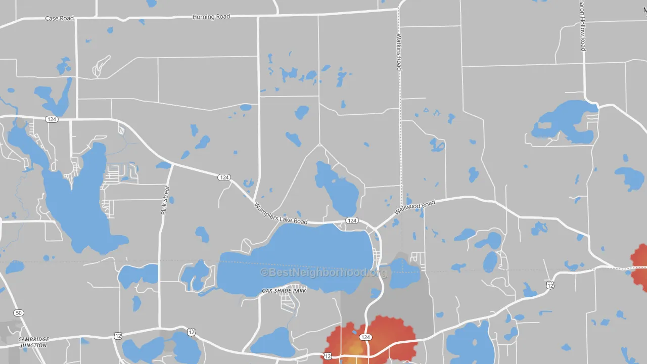 Walk Grade map of Oak Shade Park, MI, walkable areas in green and car-dependent areas in red