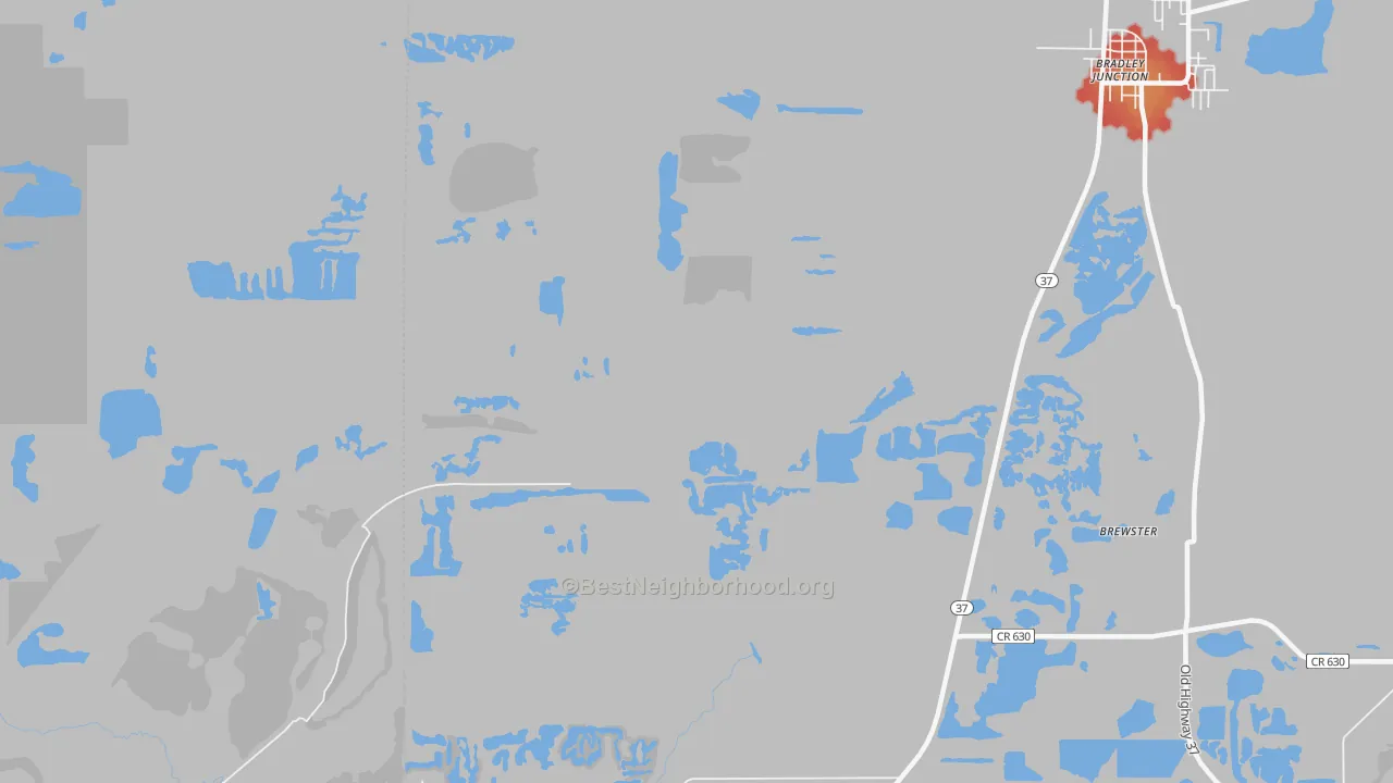Walk Grade map of Oak Terrace, FL, walkable areas in green and car-dependent areas in red