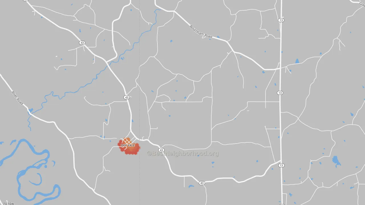 Walk Grade map of Oak Vale, MS, walkable areas in green and car-dependent areas in red