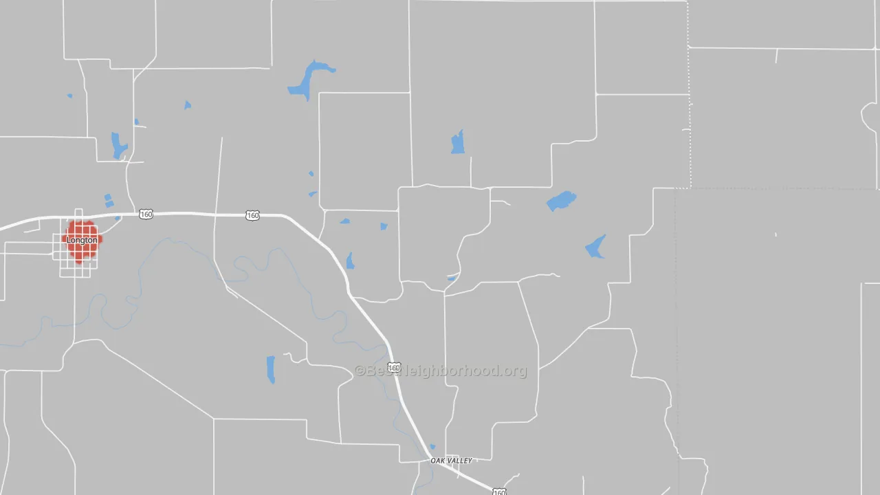Walk Grade map of Oak Valley, KS, walkable areas in green and car-dependent areas in red