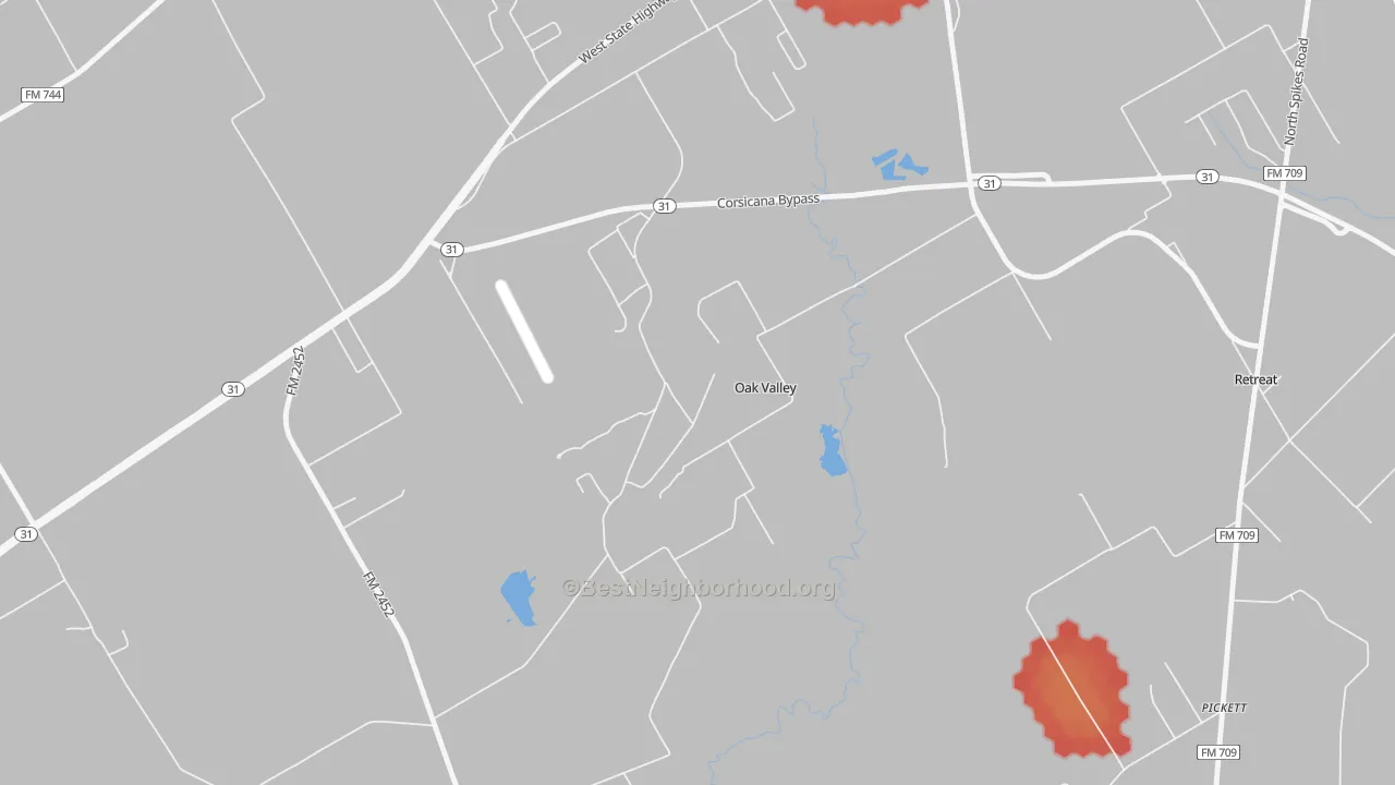 Walk Grade map of Oak Valley, TX, walkable areas in green and car-dependent areas in red