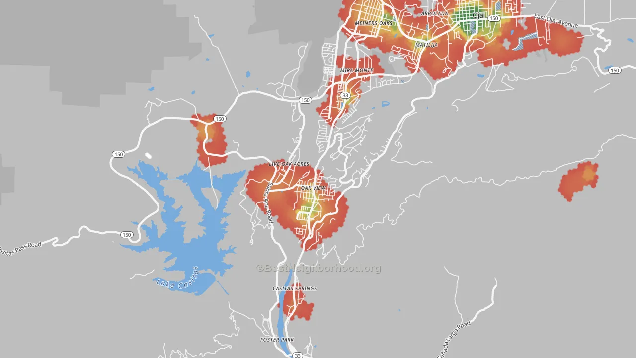 Walk Grade map of Oak View, CA, walkable areas in green and car-dependent areas in red