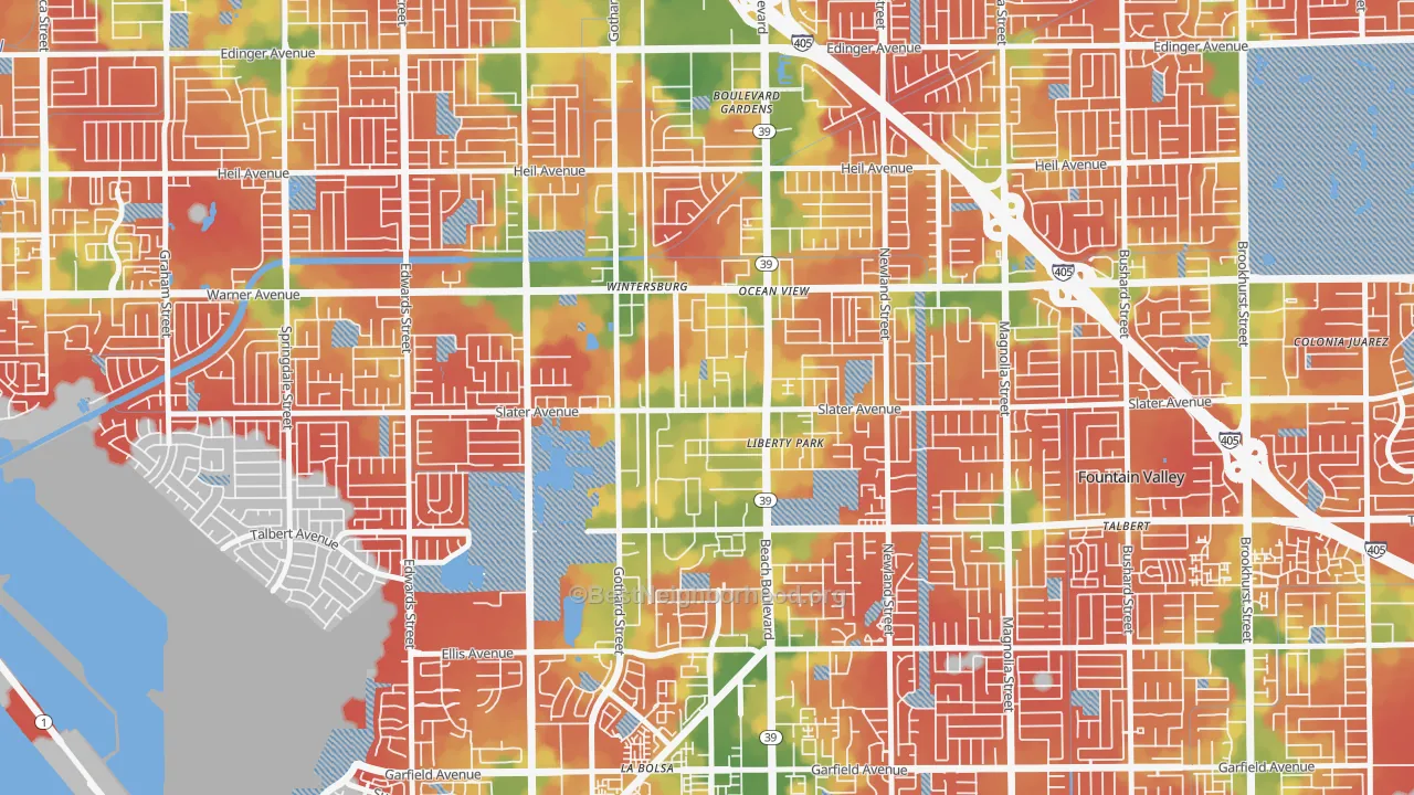 Walk Grade map of Oak View, Huntington Beach, CA, walkable areas in green and car-dependent areas in red