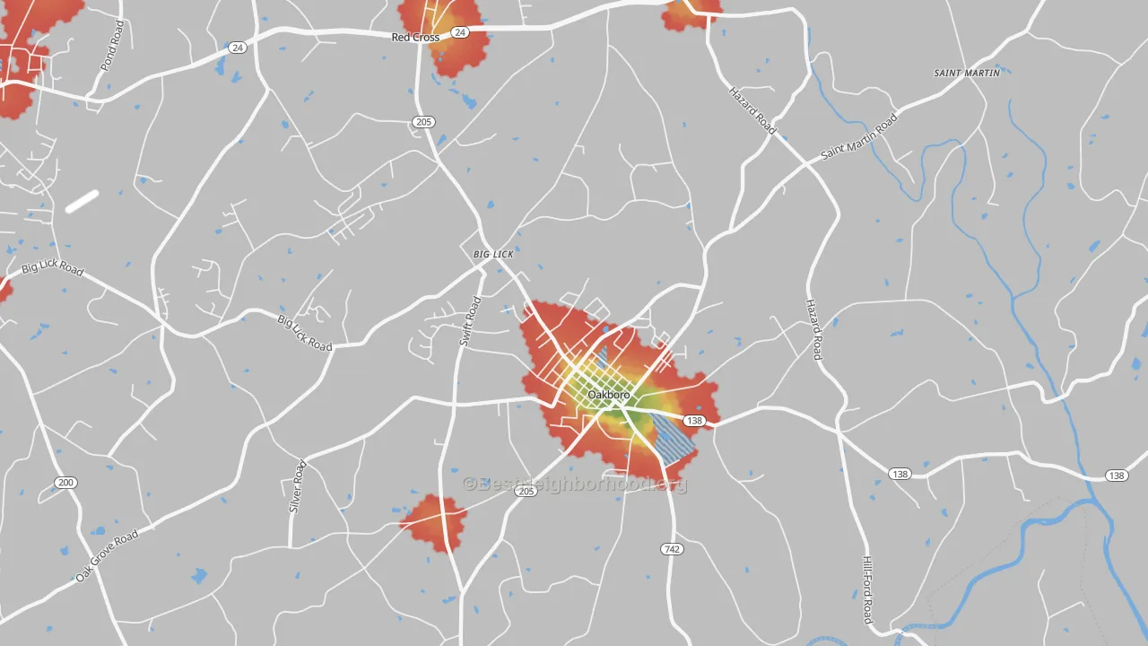 Walk Grade map of Oakboro, NC, walkable areas in green and car-dependent areas in red