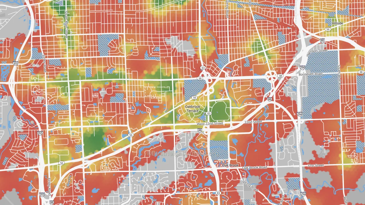 Walk Grade map of Oakbrook Terrace, IL, walkable areas in green and car-dependent areas in red