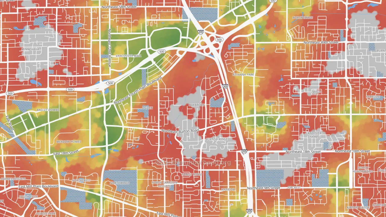 Walk Grade map of Oakbrook, Vancouver, WA, walkable areas in green and car-dependent areas in red