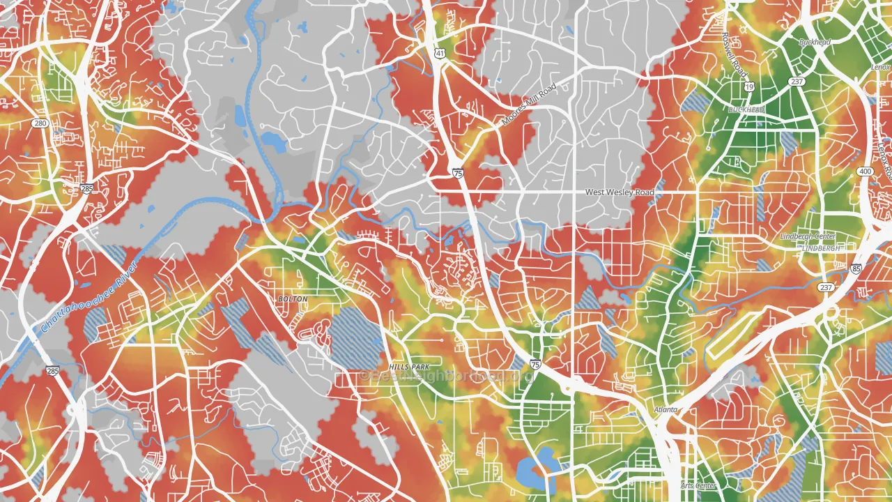 Walk Grade map of Oakdale, Atlanta, GA, walkable areas in green and car-dependent areas in red