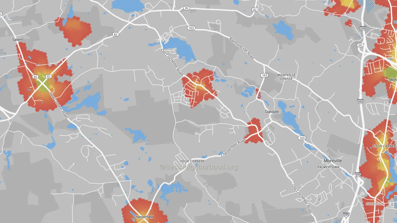 Walk Grade map of Oakdale, CT, walkable areas in green and car-dependent areas in red