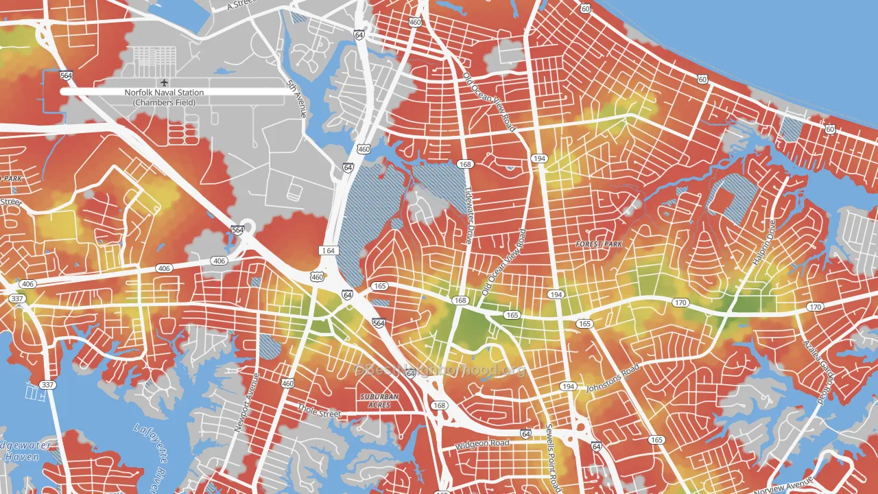 Walk Grade map of Oakdale Farms, Norfolk, VA, walkable areas in green and car-dependent areas in red