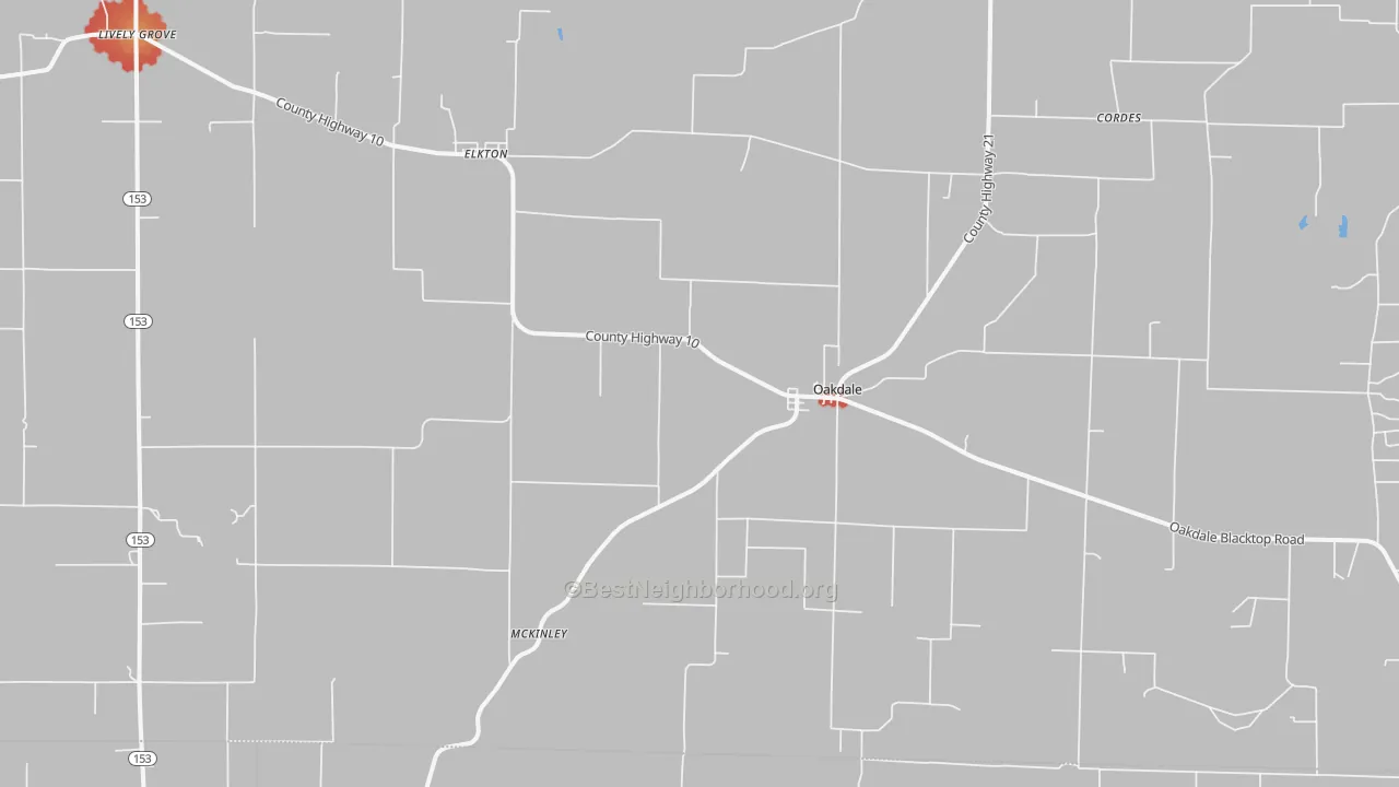 Walk Grade map of Oakdale, IL, walkable areas in green and car-dependent areas in red