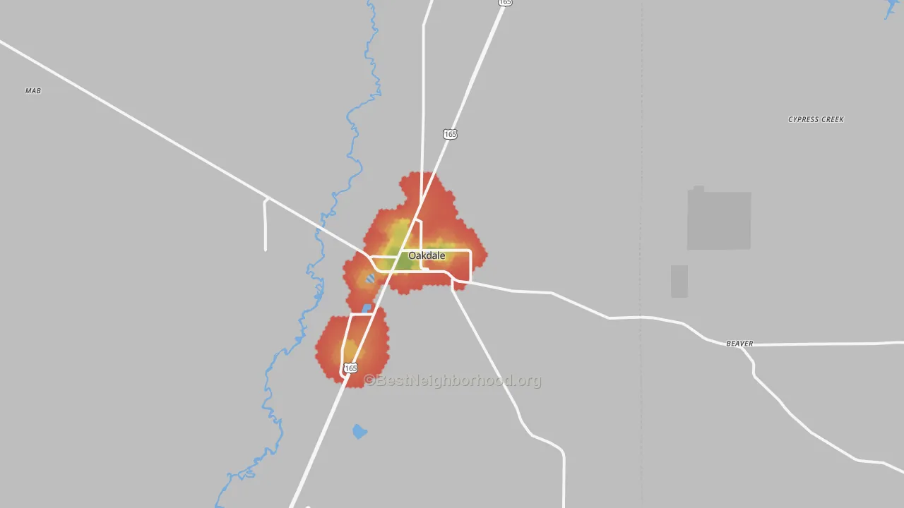 Walk Grade map of Oakdale, LA, walkable areas in green and car-dependent areas in red