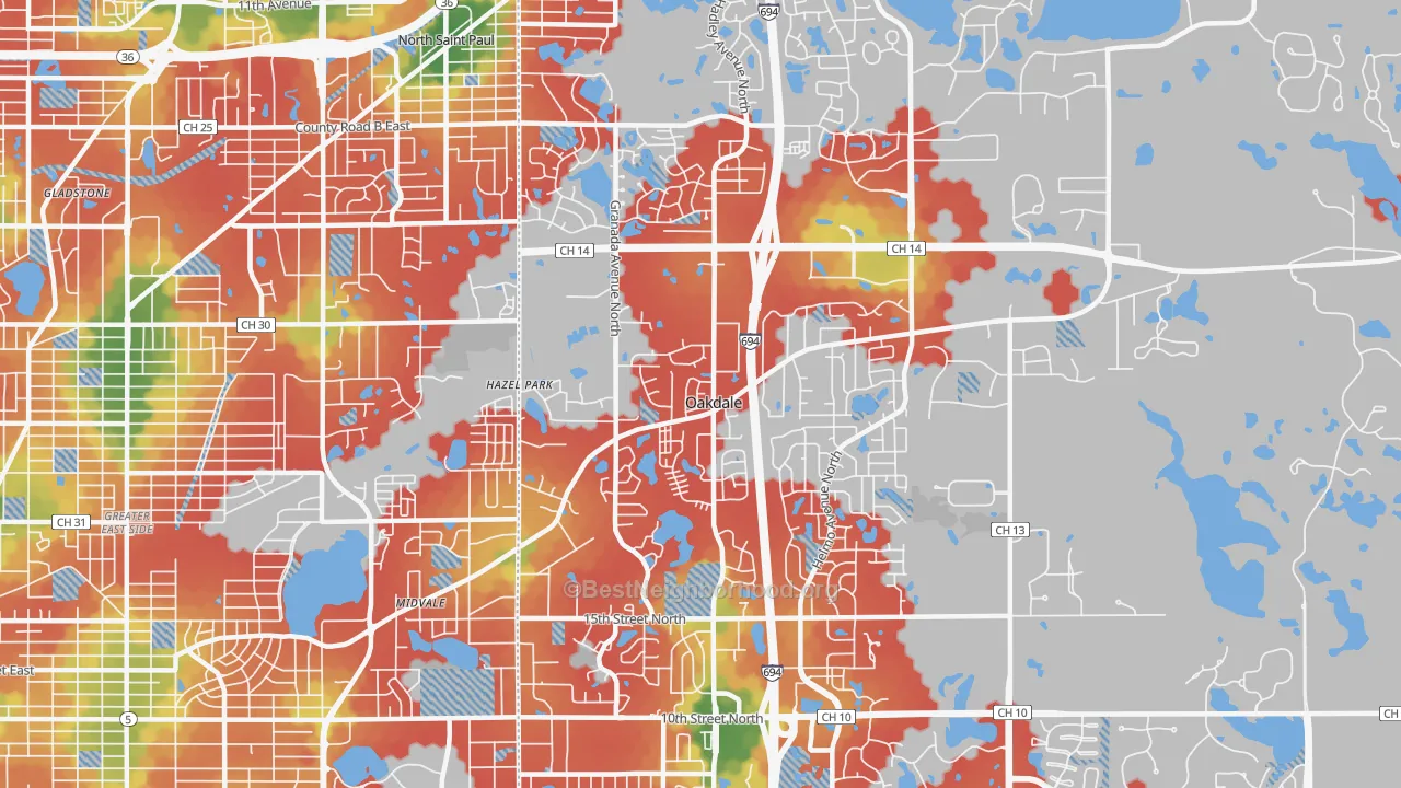 Walk Grade map of Oakdale, MN, walkable areas in green and car-dependent areas in red