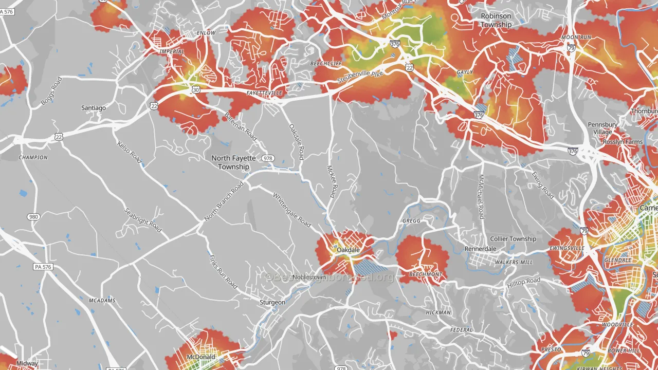 Walk Grade map of Oakdale, PA, walkable areas in green and car-dependent areas in red