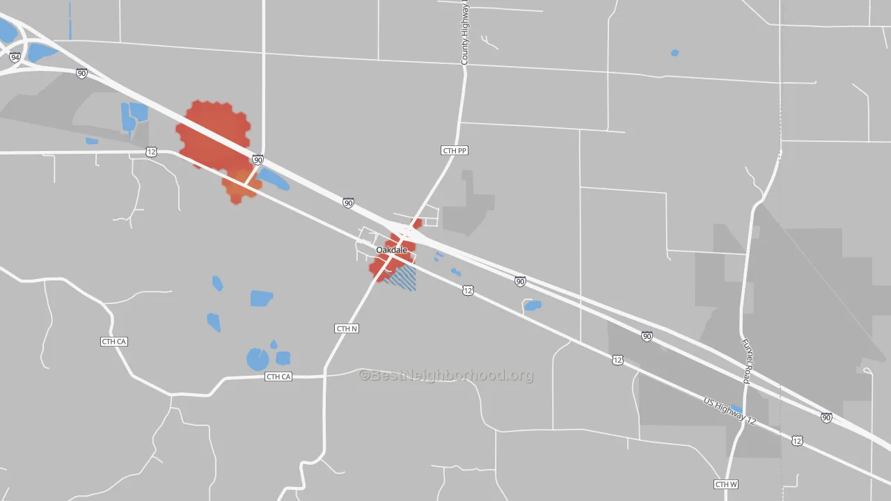 Walk Grade map of Oakdale, WI, walkable areas in green and car-dependent areas in red