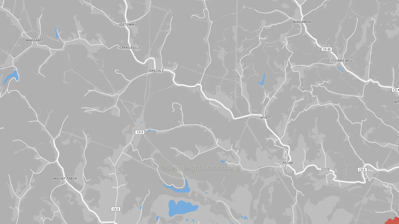 Walk Grade map of Oakdale, WV, walkable areas in green and car-dependent areas in red