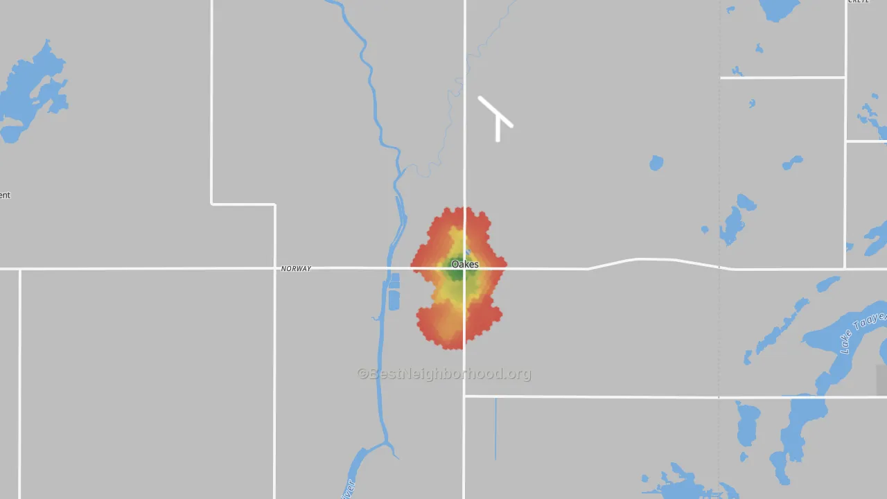 Walk Grade map of Oakes, ND, walkable areas in green and car-dependent areas in red