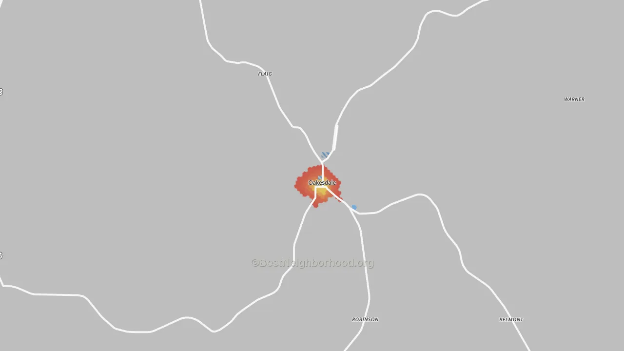 Walk Grade map of Oakesdale, WA, walkable areas in green and car-dependent areas in red
