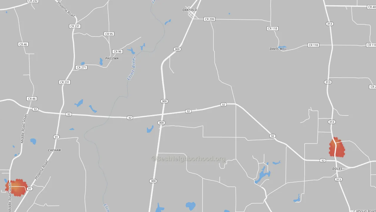 Walk Grade map of Oakfield, GA, walkable areas in green and car-dependent areas in red