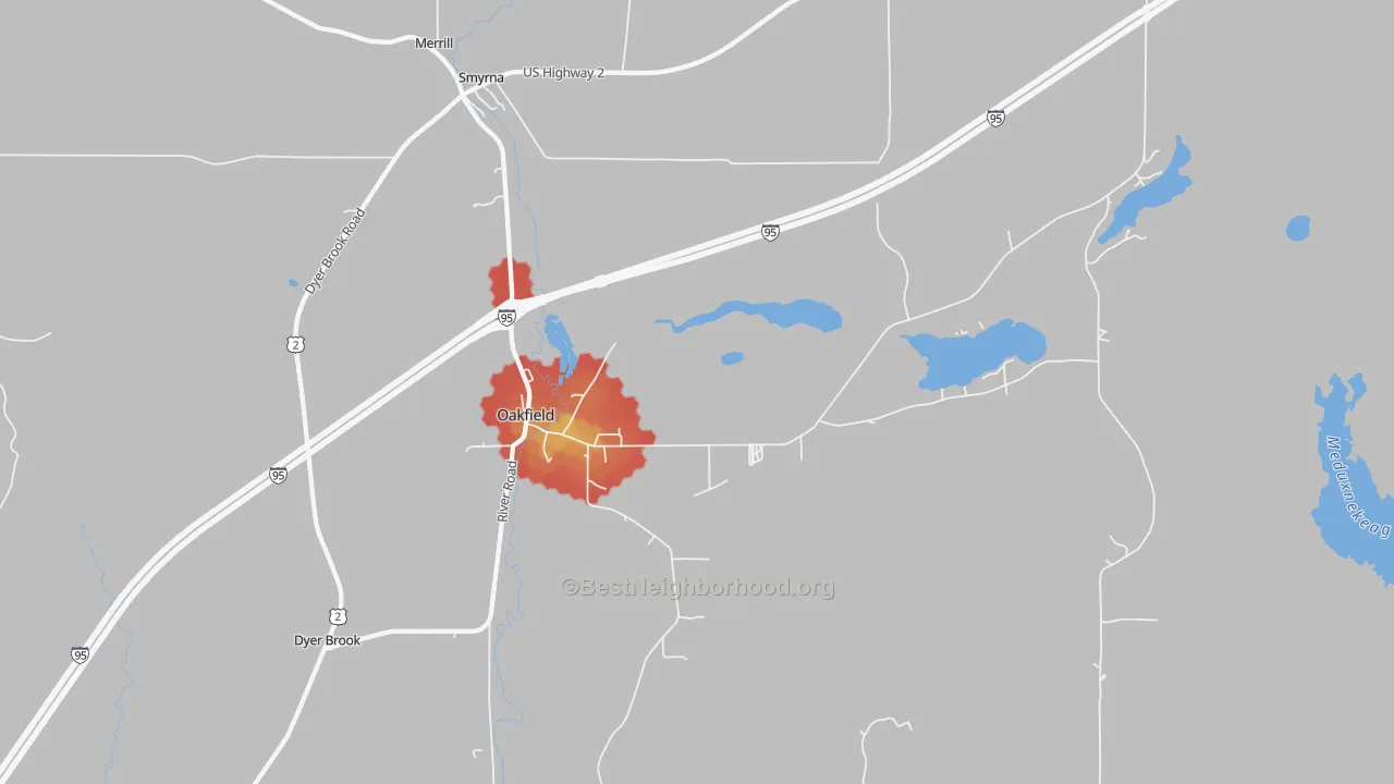 Walk Grade map of Oakfield, ME, walkable areas in green and car-dependent areas in red
