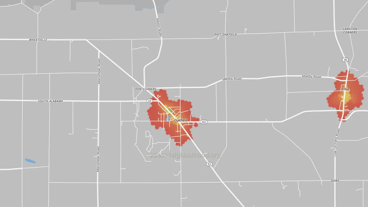 Walk Grade map of Oakfield, NY, walkable areas in green and car-dependent areas in red