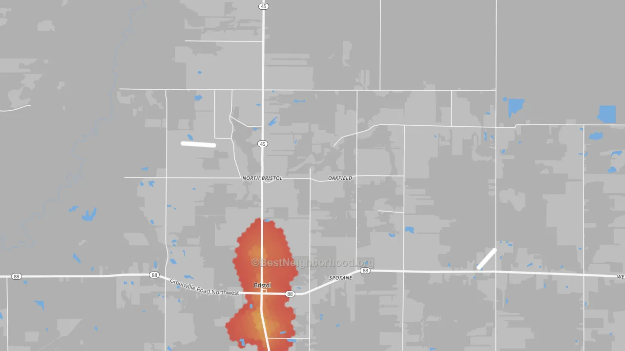 Walk Grade map of Oakfield, OH, walkable areas in green and car-dependent areas in red