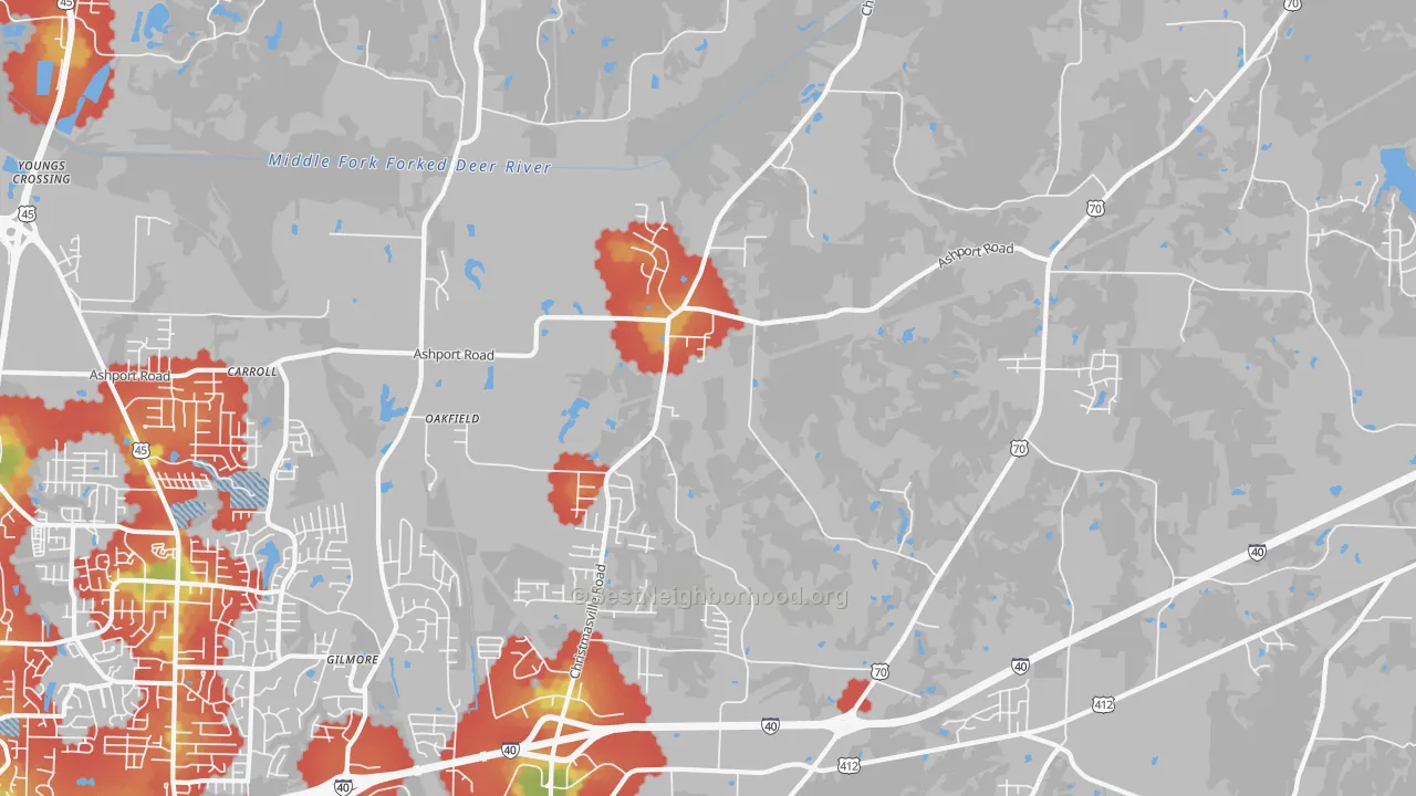 Walk Grade map of Oakfield, TN, walkable areas in green and car-dependent areas in red