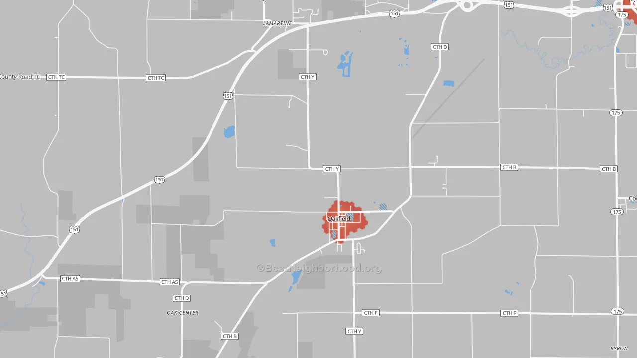 Walk Grade map of Oakfield, WI, walkable areas in green and car-dependent areas in red