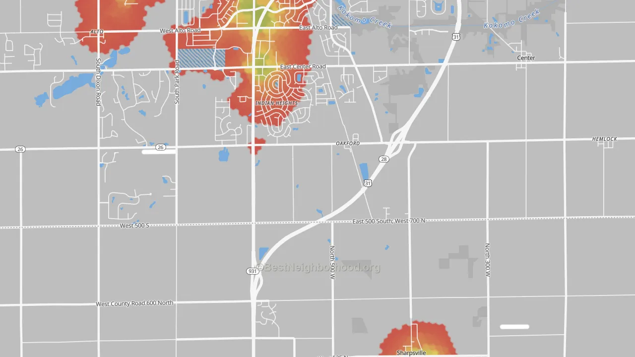 Walk Grade map of Oakford, IN, walkable areas in green and car-dependent areas in red