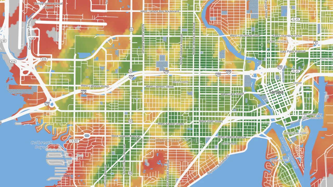 Walk Grade map of Oakford Park, Tampa, FL, walkable areas in green and car-dependent areas in red