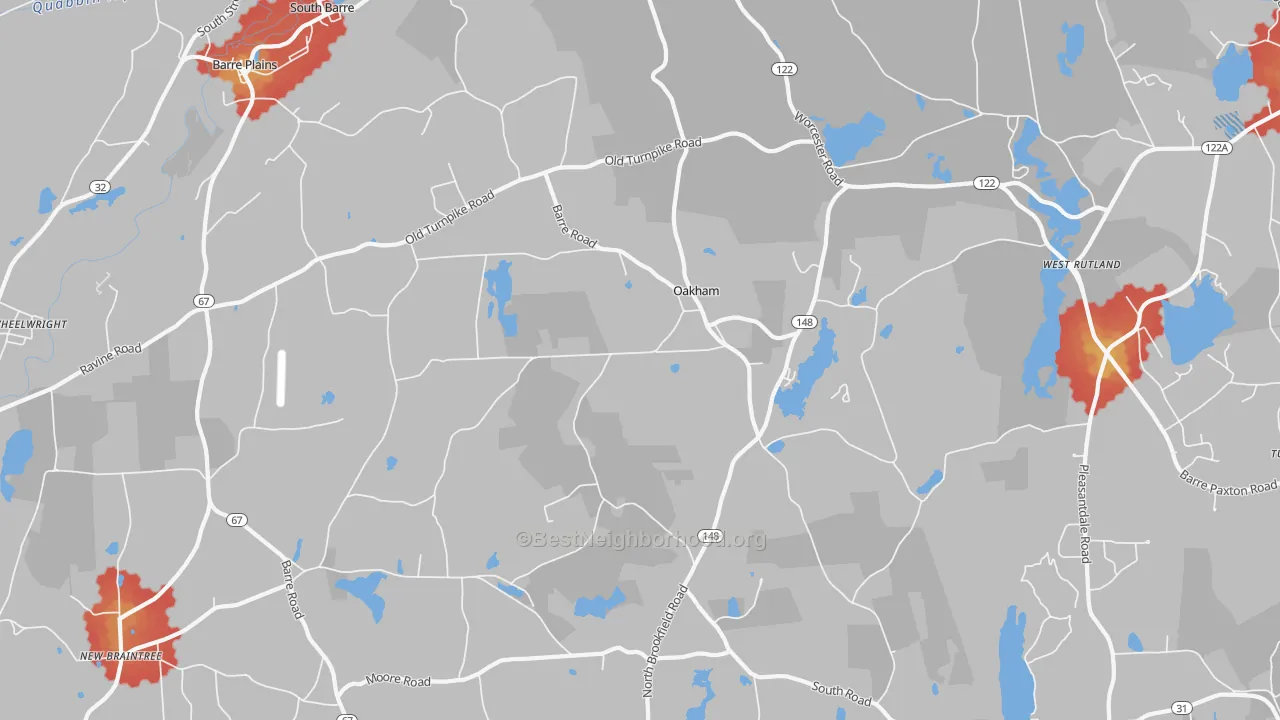 Walk Grade map of Oakham, MA, walkable areas in green and car-dependent areas in red