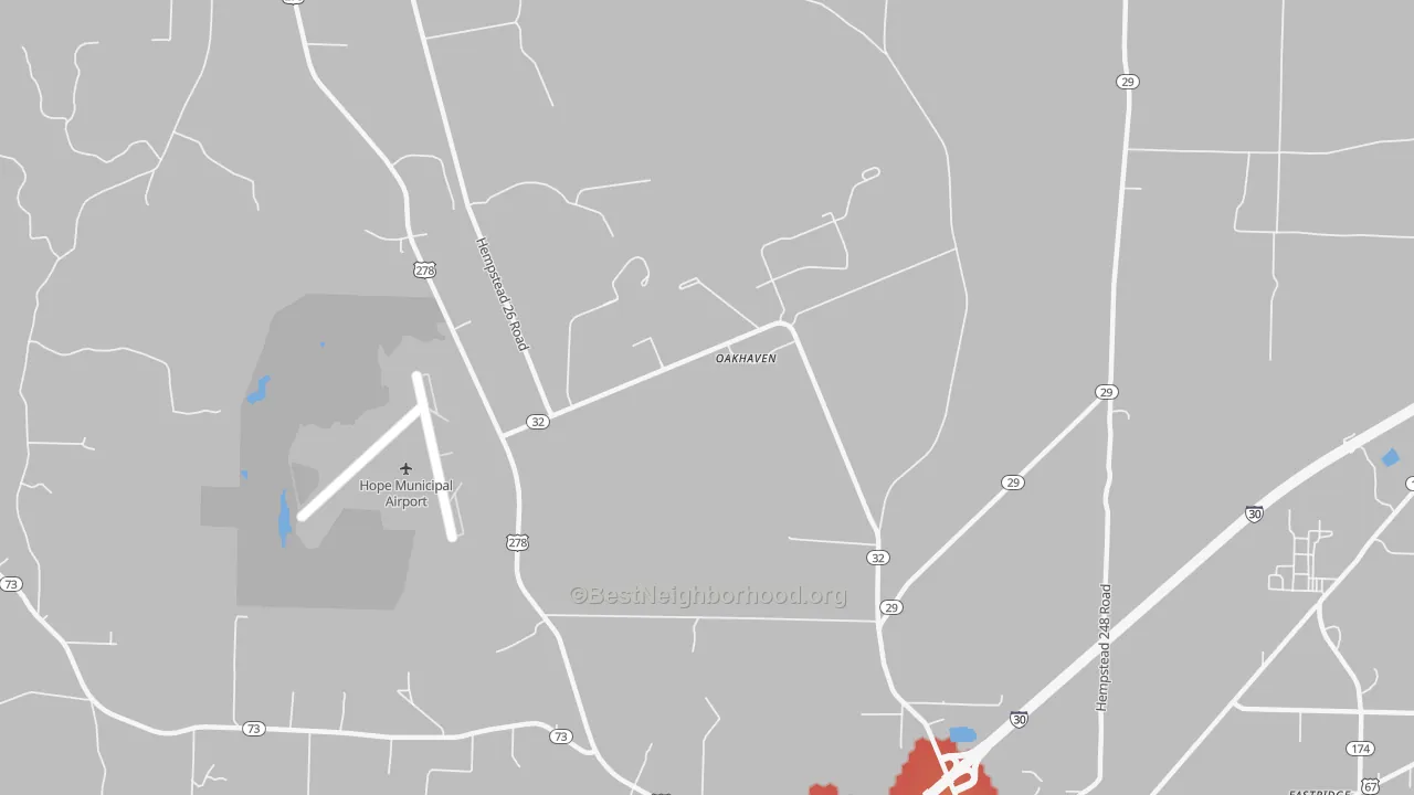 Walk Grade map of Oakhaven, AR, walkable areas in green and car-dependent areas in red