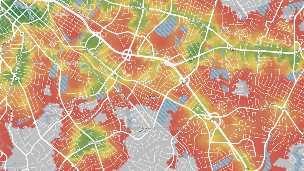 Walk Grade map of Oakhurst, Charlotte, NC, walkable areas in green and car-dependent areas in red