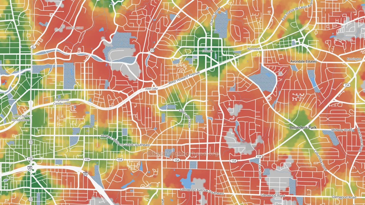 Walk Grade map of Oakhurst, Decatur, GA, walkable areas in green and car-dependent areas in red