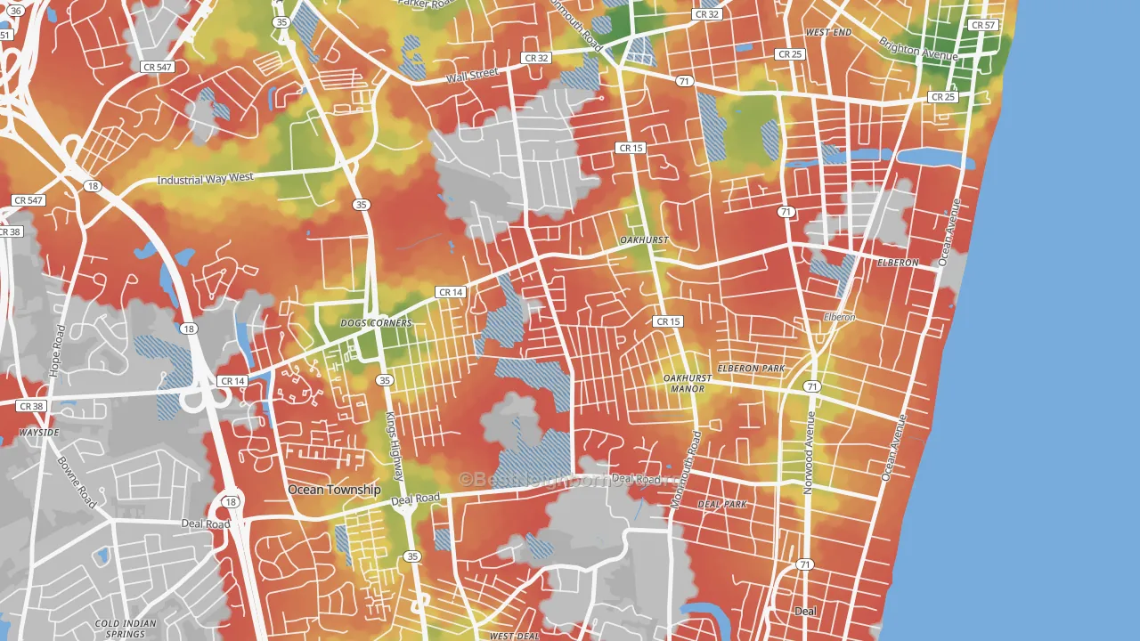 Walk Grade map of Oakhurst, NJ, walkable areas in green and car-dependent areas in red