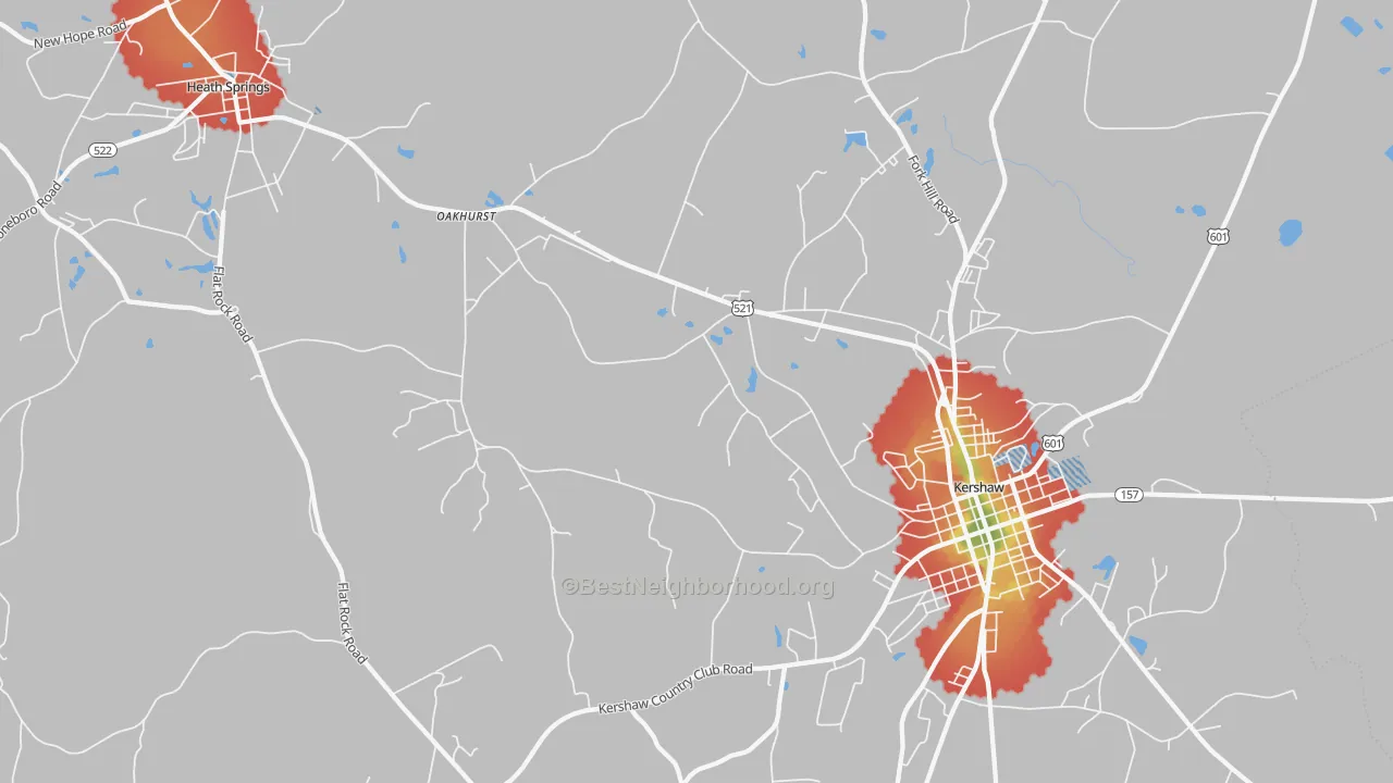 Walk Grade map of Oakhurst, SC, walkable areas in green and car-dependent areas in red