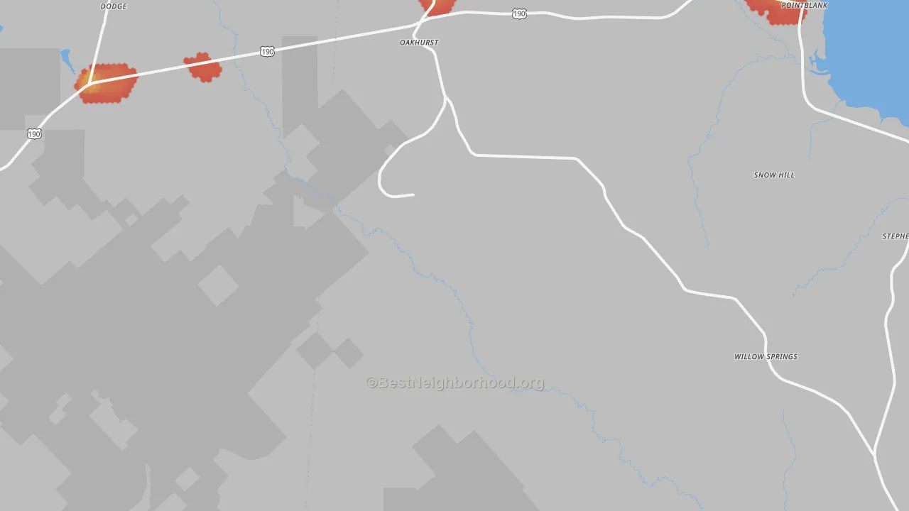 Walk Grade map of Oakhurst, TX, walkable areas in green and car-dependent areas in red