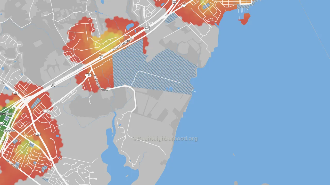 Walk Grade map of Oakington, MD, walkable areas in green and car-dependent areas in red