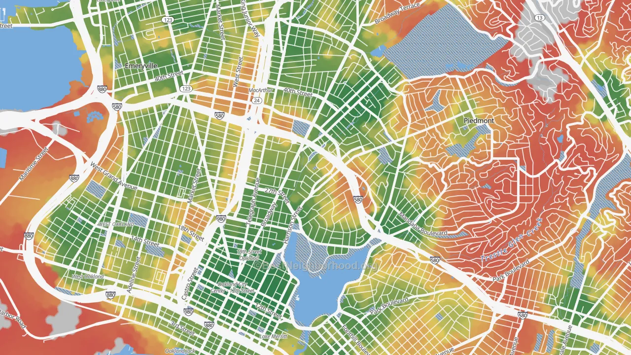 Walk Grade map of Oakland Ave-Harrison Street, Oakland, CA, walkable areas in green and car-dependent areas in red